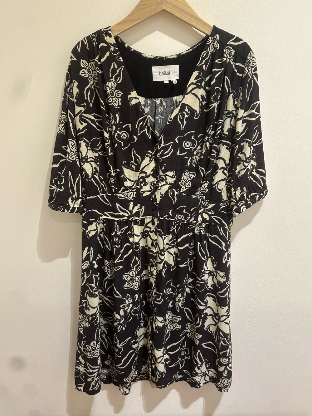 ba&sh Black and Cream Floral V-Neck Mini Dress